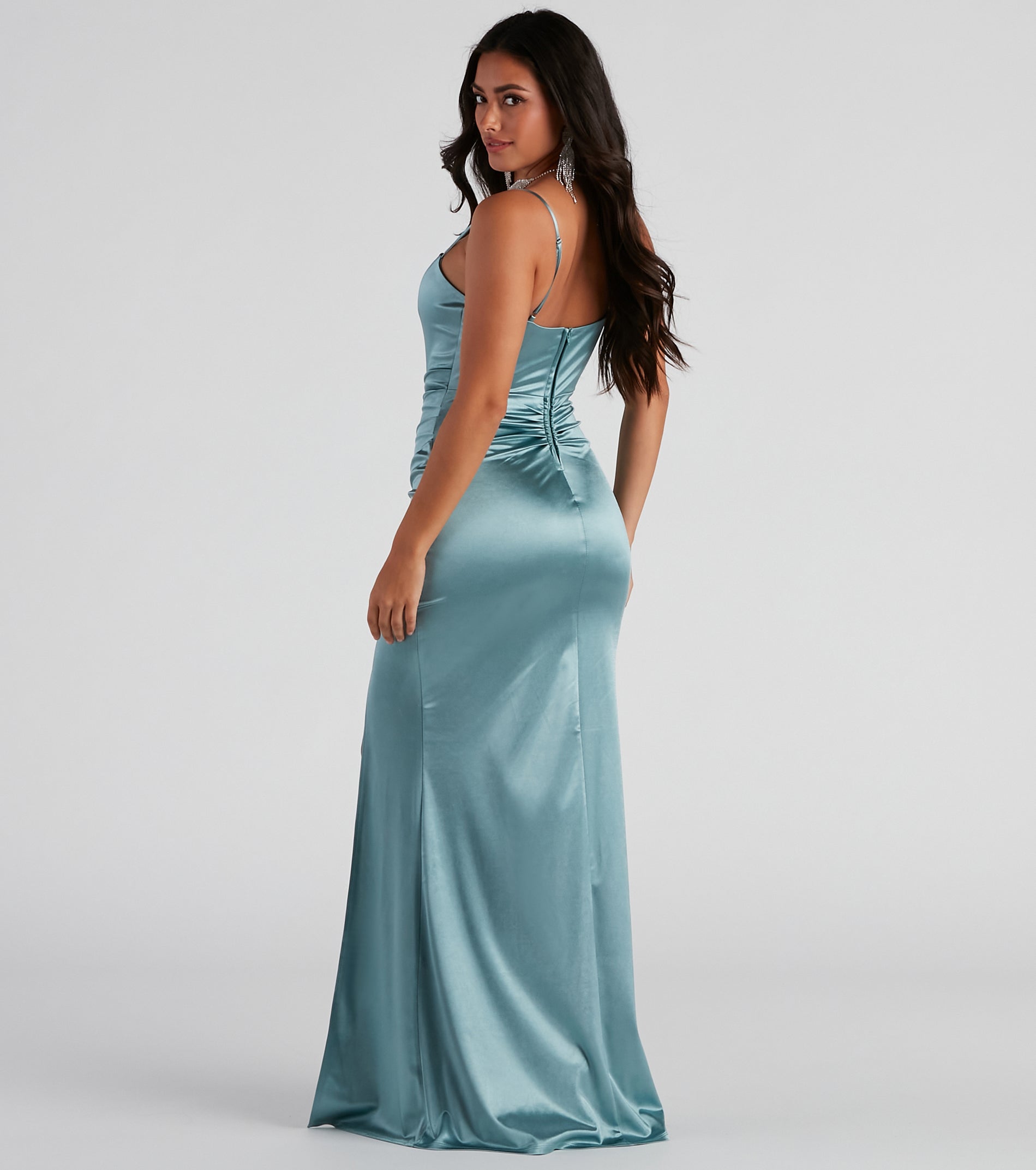 Evie Formal Ruched Satin Sleeveless Dress