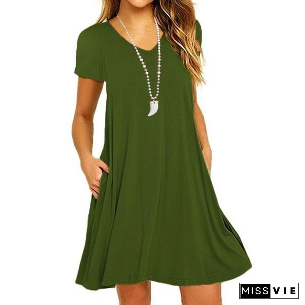 Plus Size Women's Fashion Spring Summer Tunic Dresses Casual Short Sleeve Slim Fit Beach Wear Ruffles Party Dresses with Pockets Deep V-neck Loose Solid Color Pleated Cotton Mini Dress