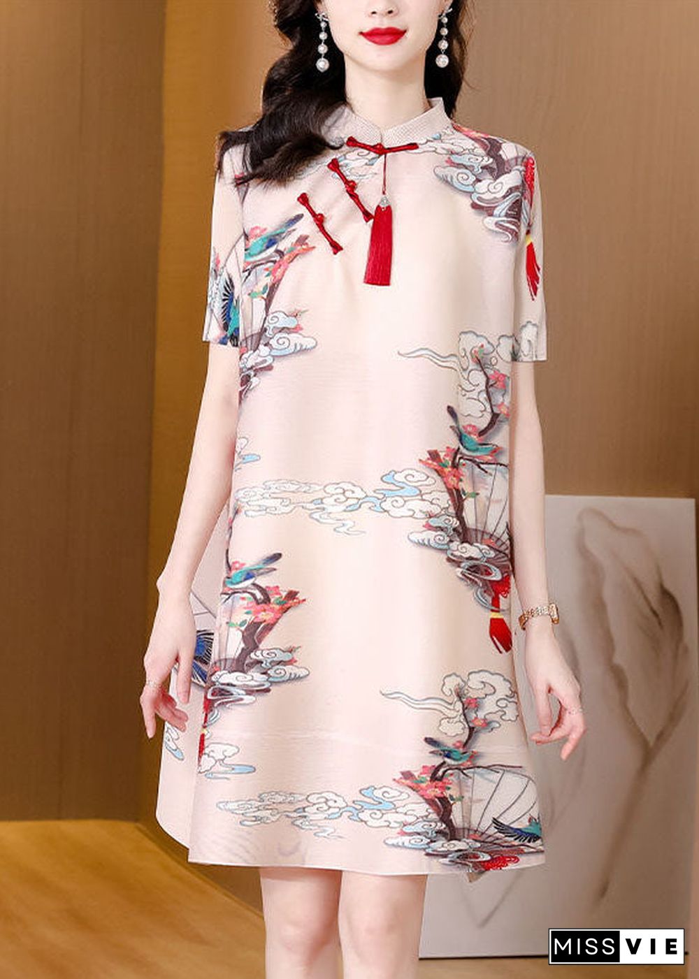 Original Design Apricot Mandarin Collar Print Oriental Button Wrinkled Silk A Line Dresses Short Sleeve