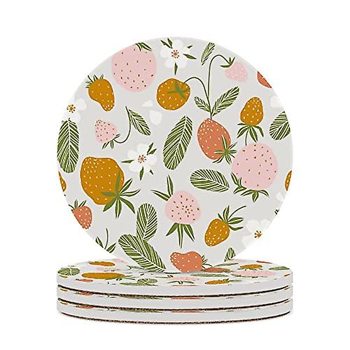 Round Drink Coasters 4 Pcs Strawberry And Flowers Leaves Absorbent Ceramic Coaster With Cork Base For Coffee Cups Housewarming Gift For Home Decor