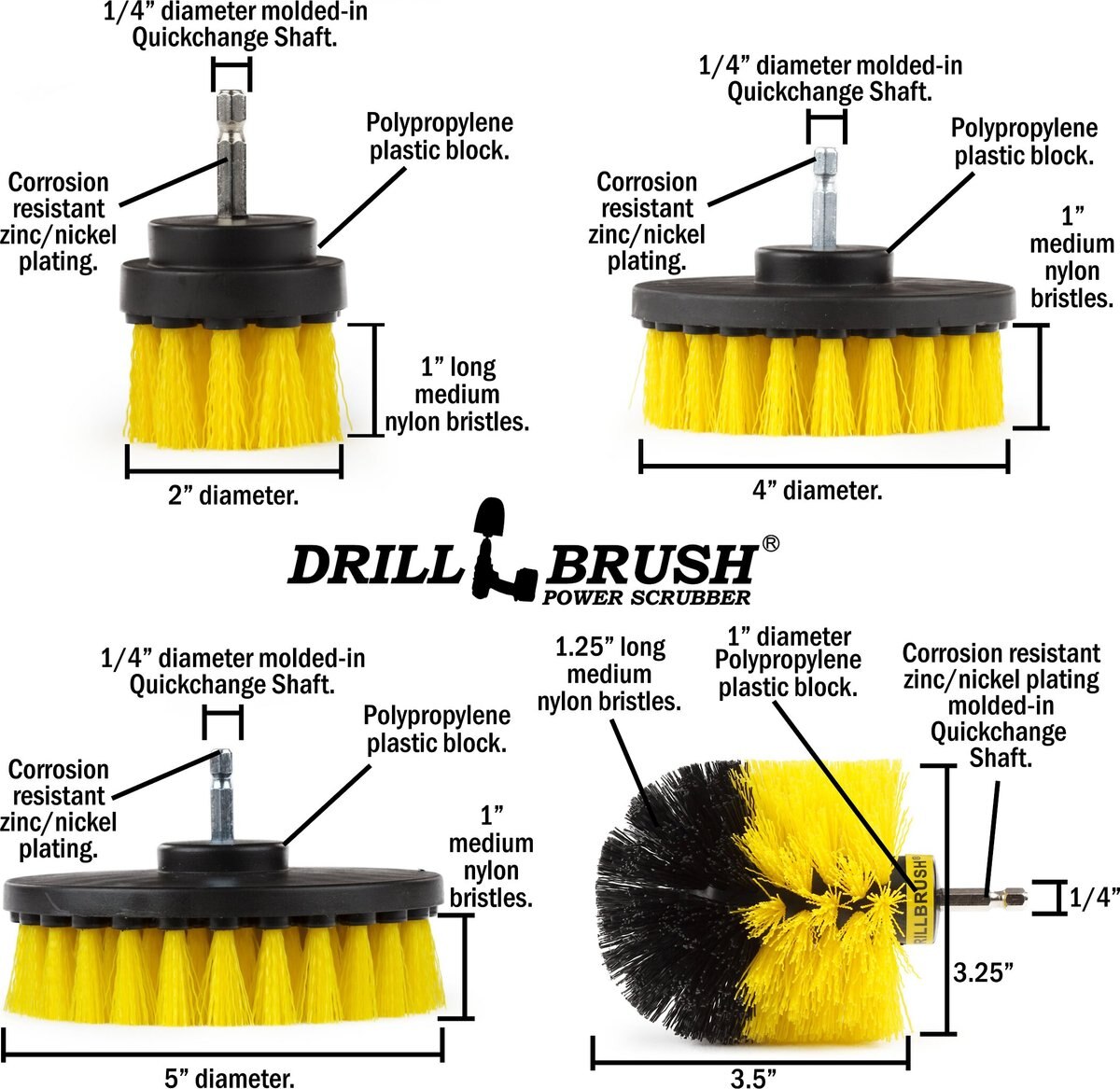 Drillbrush Power Scrubber 4-Piece Stiffness Pet Stain and Hair Removal Kit， Medium Bristle Drill Brush