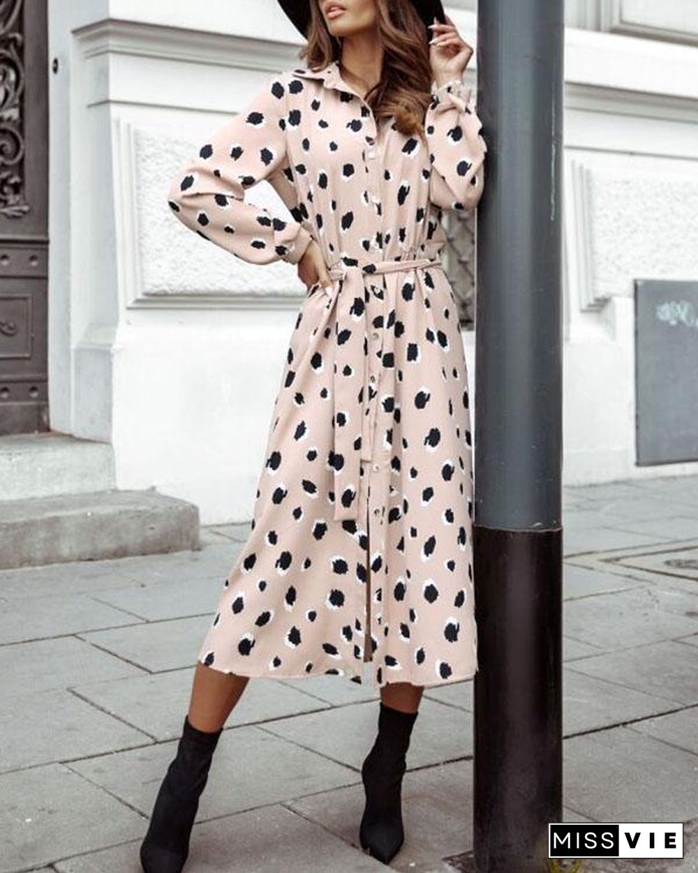 Spring Summer Button Bandage Waist Print Shirt Dresses With Belt