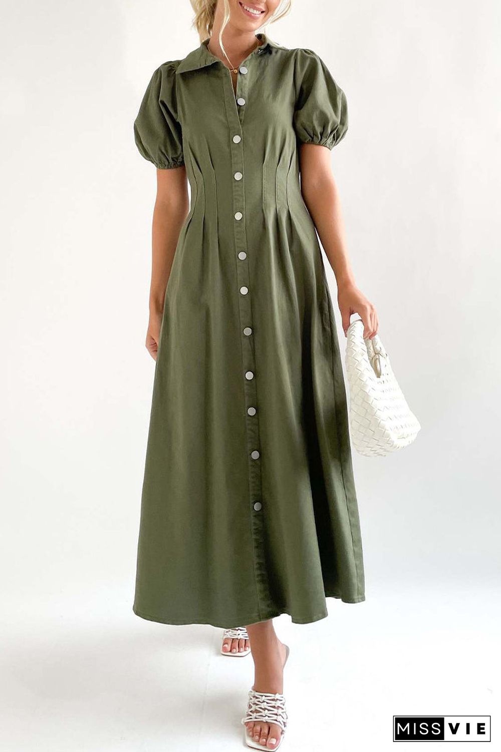 Casual Solid Buckle Turndown Collar A Line Dresses