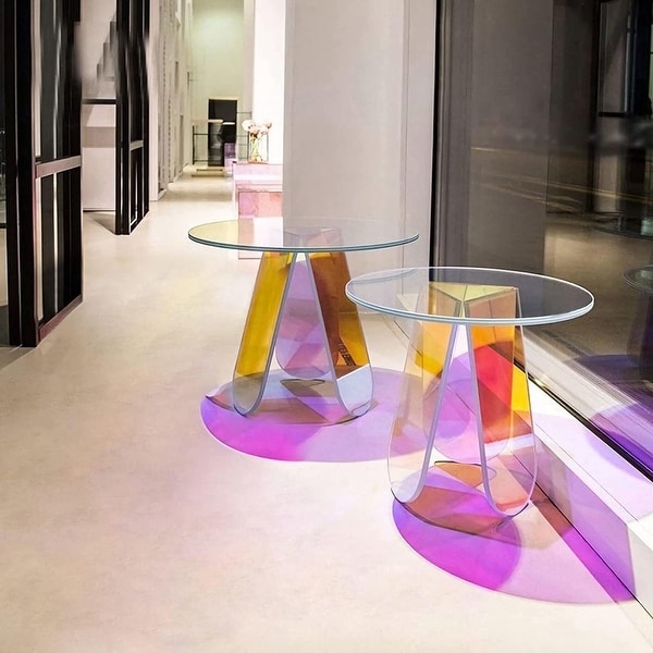 Global Pronex Coffee Table， Iridescent Glass End Table Round Side Table Modern Accent TV Table for Living Bed Room Decoration