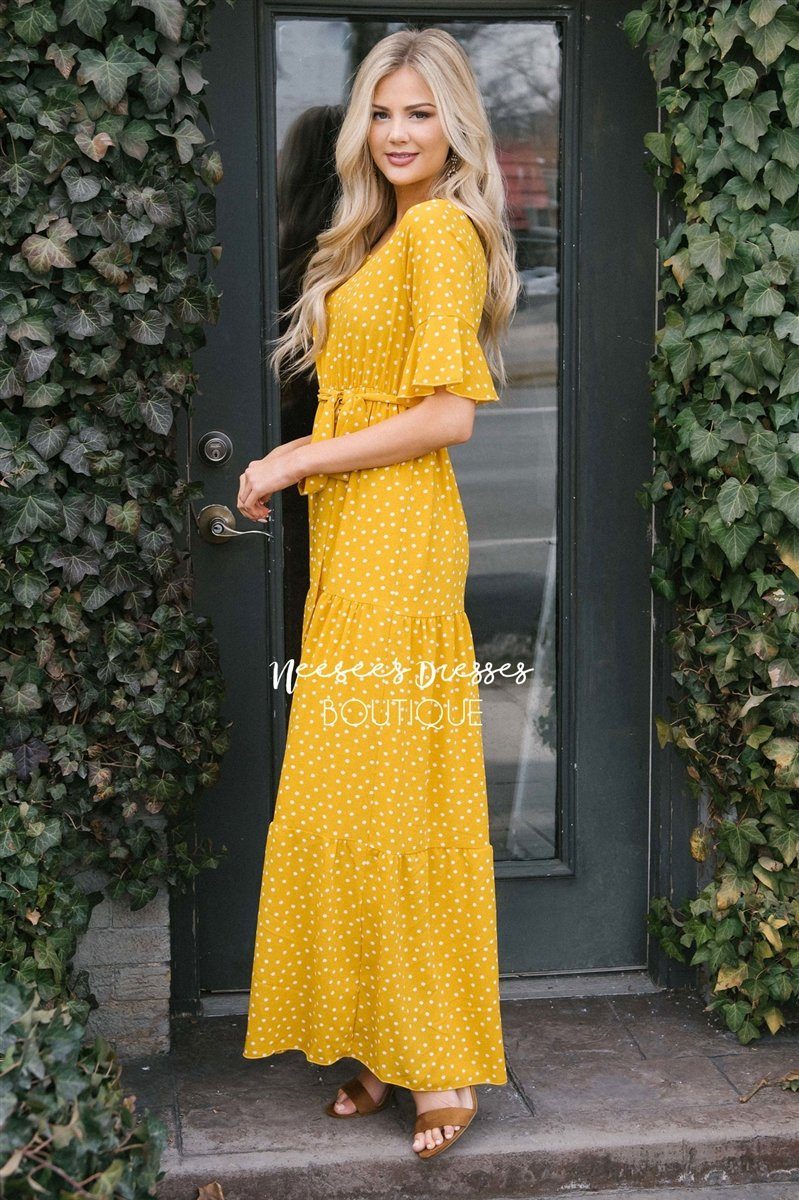 Polka Dot Flutter Sleeve Tiered Maxi Dress