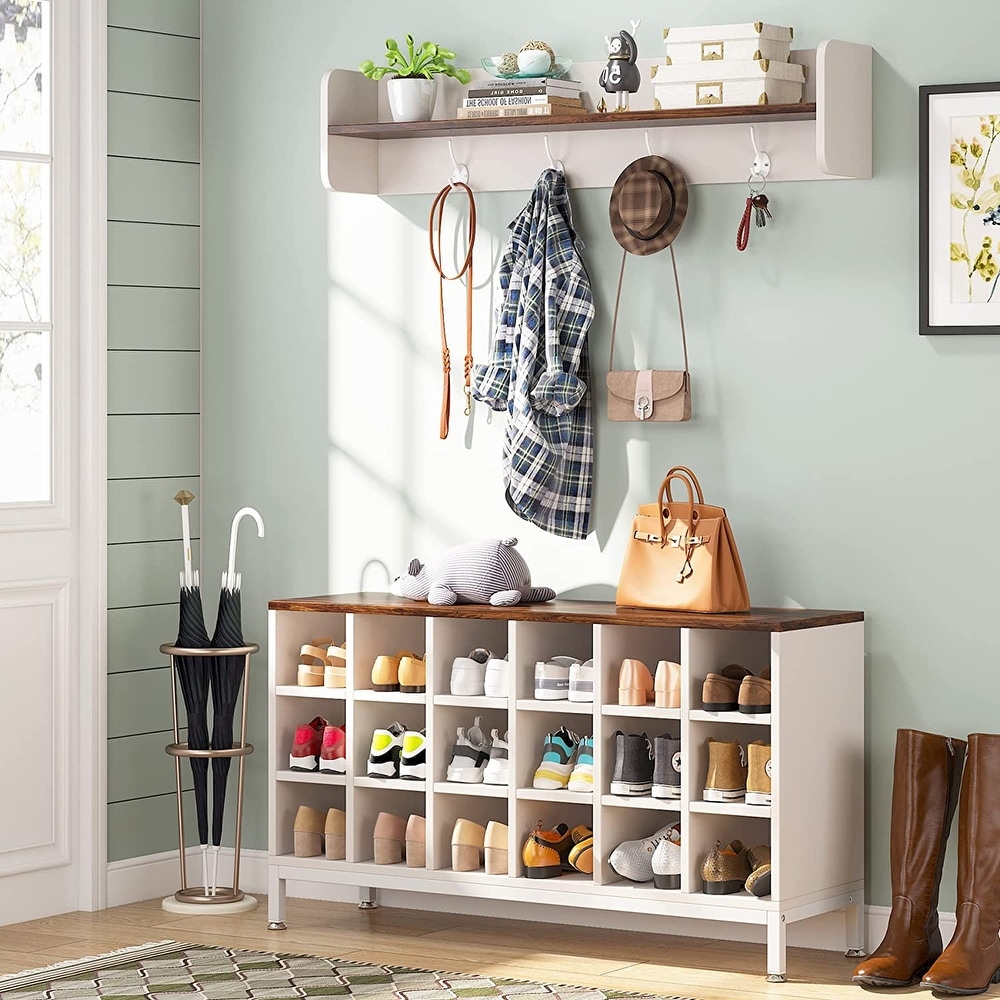 Entryway Coat Rack Shoe Bench Set  Hall Tree with 18 Shoe Cubbies