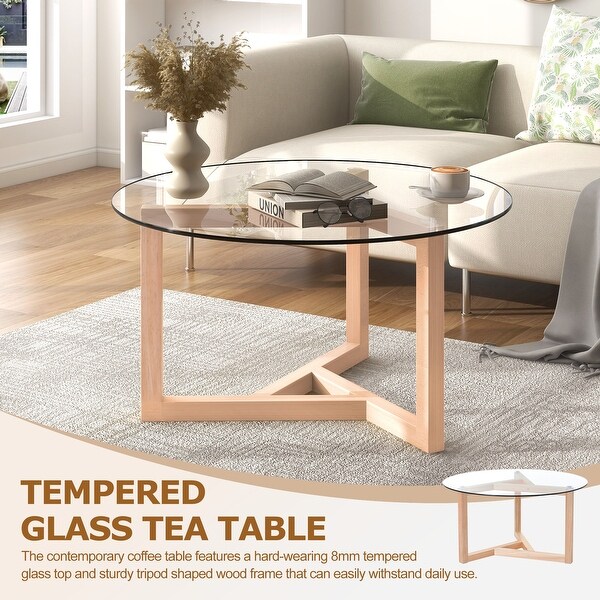 Round Glass Coffee Table with Tempered Glass Top and Sturdy Wood Base