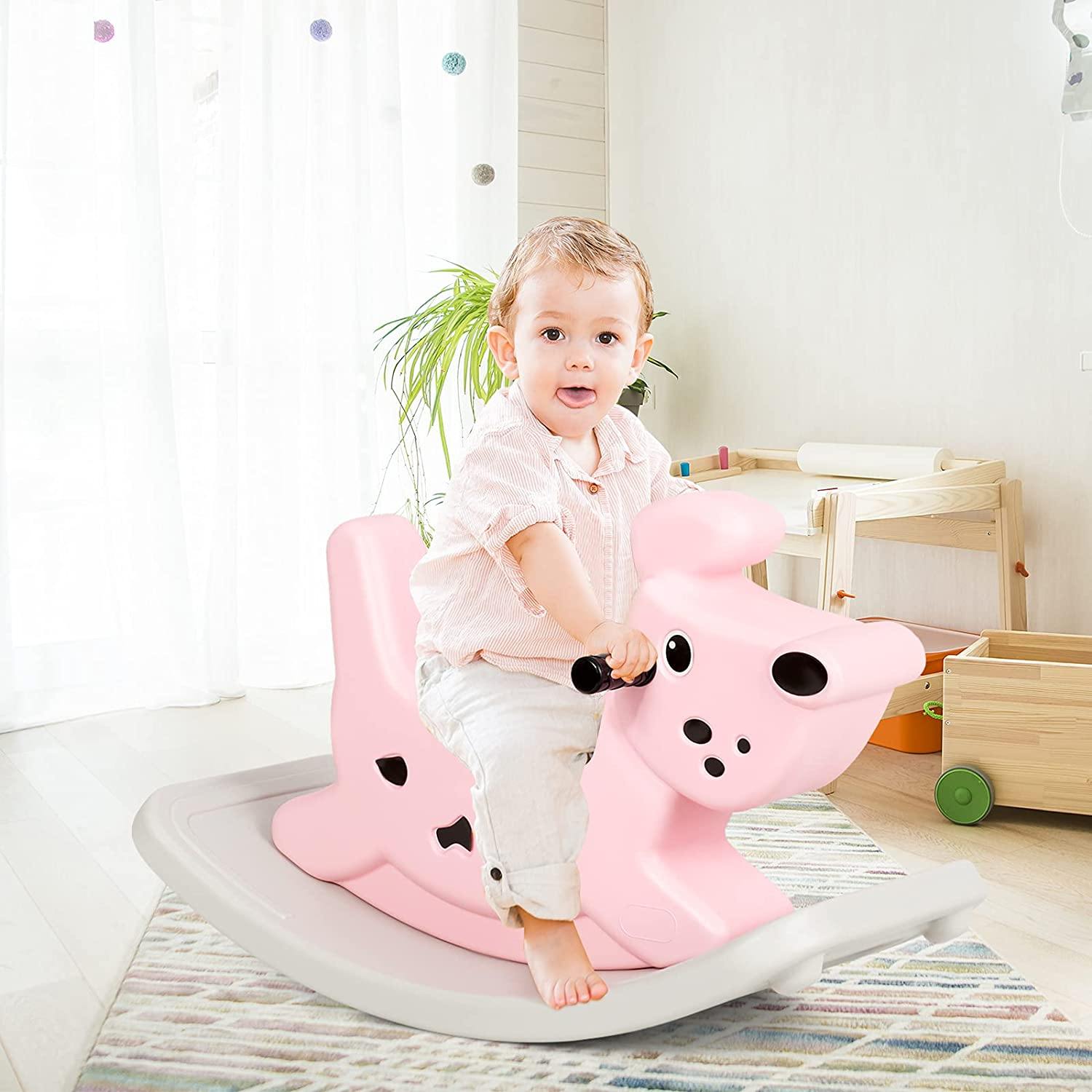 BABY JOY Kids Rocking Horse,Ride-on Horse for Toddlers with Music & Lights (Pink)