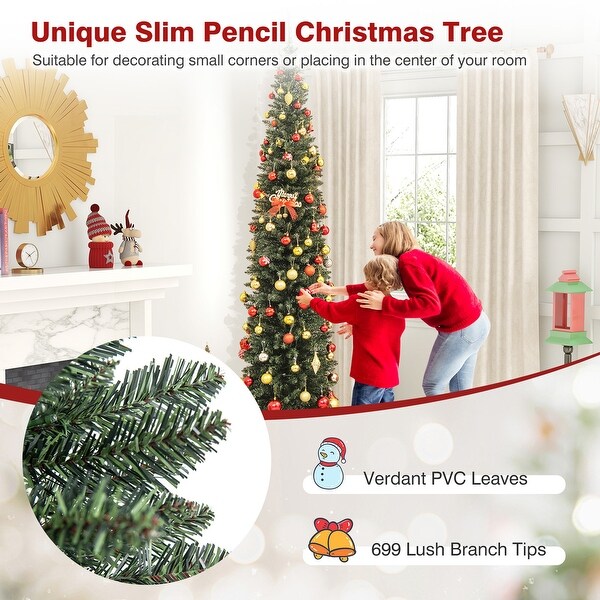 Gymax 5/6/7/8/9 ft PreLit Artificial Christmas Tree Slim Pencil Xmas