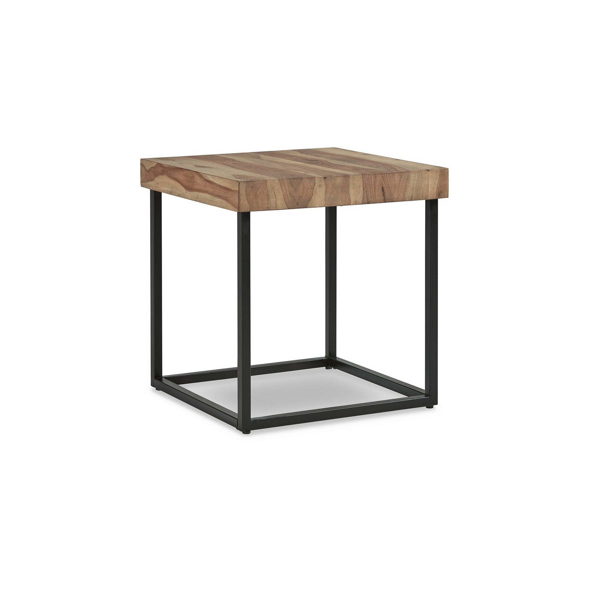 24 Inch Square Side End Table， Natural Brown Wood Top， Black Metal Base