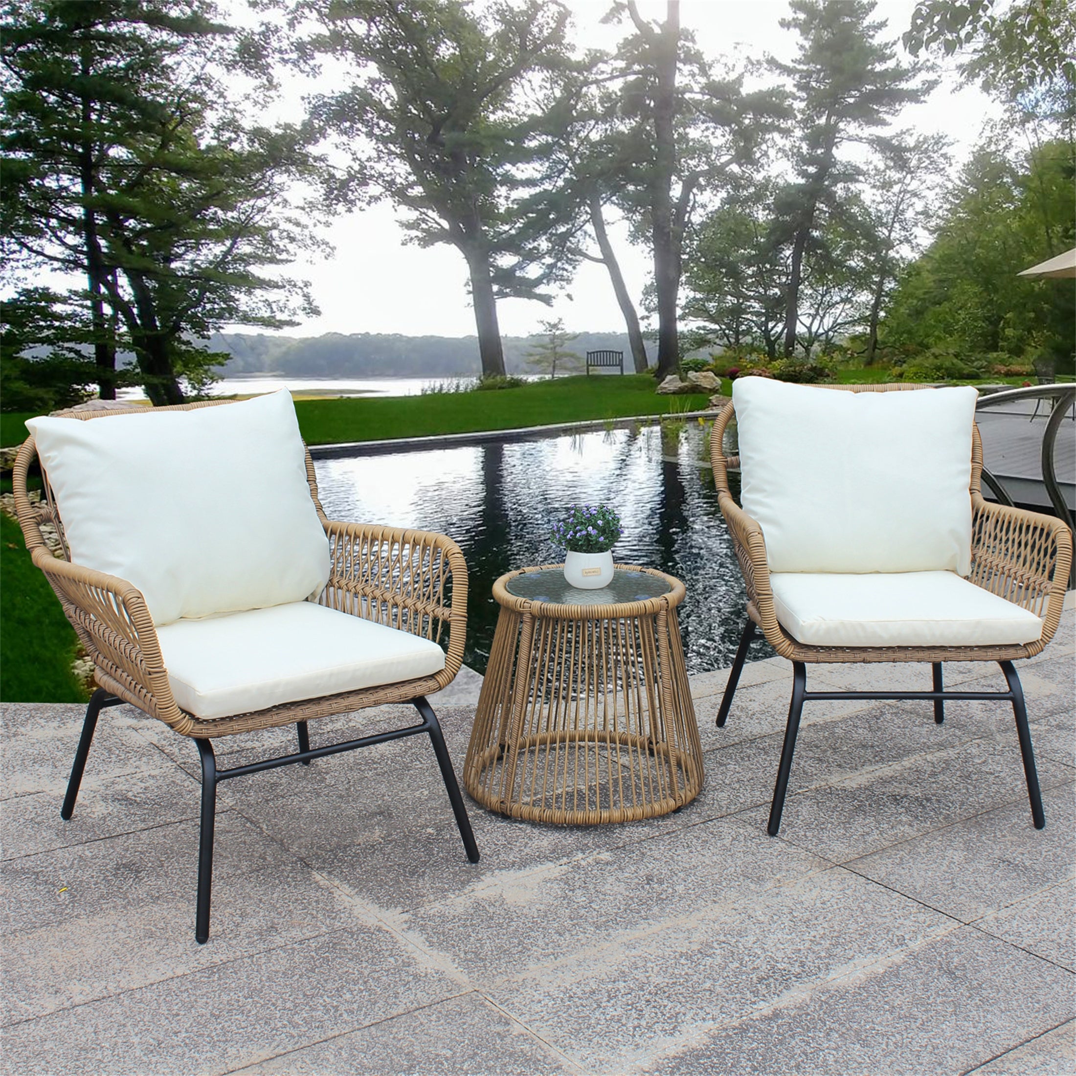 3 pieces Outdoor Patio Balcony Natural Color Wicker Chair Table Set -  - 37630127