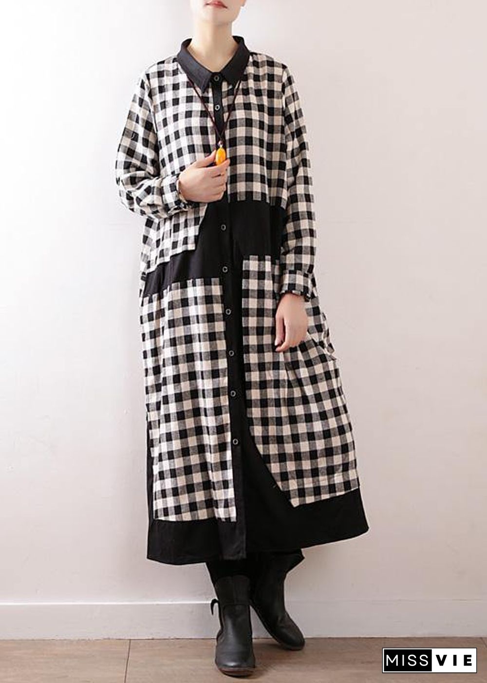 Women plaid cotton clothes For Women lapel collar Art autumn shirt dress