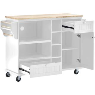 White Solid Wood Desktop Floor Standing Kitchen Island Cart On 2 Locking Wheels with Microwave Cabinet and Towel Rack kitchen-wy01bai