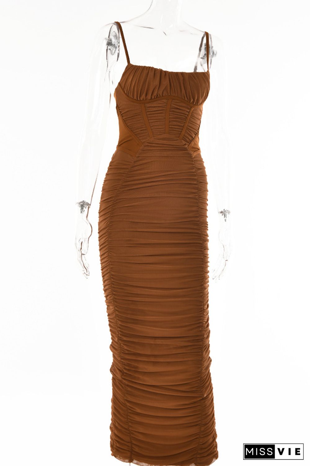 Backless Bodycon Slim Ruched Spaghetti Dress