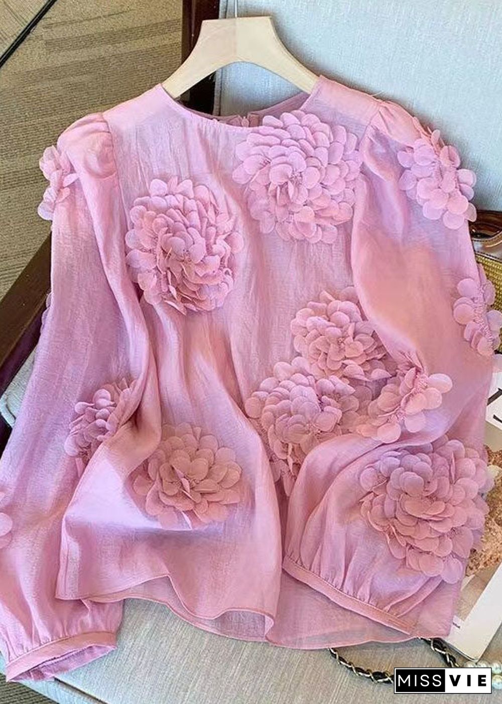 Unique Pink O Neck Floral Decorated Chiffon Shirt Tops Spring