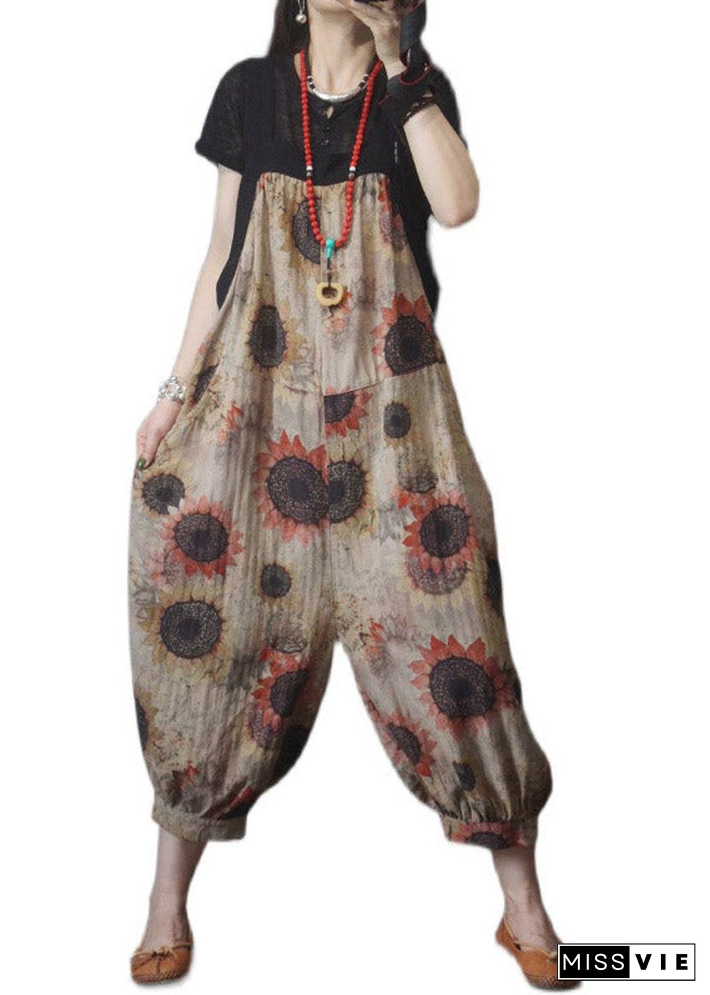 Loose Khaki Patchwork Print Wide Leg Jumpsuits