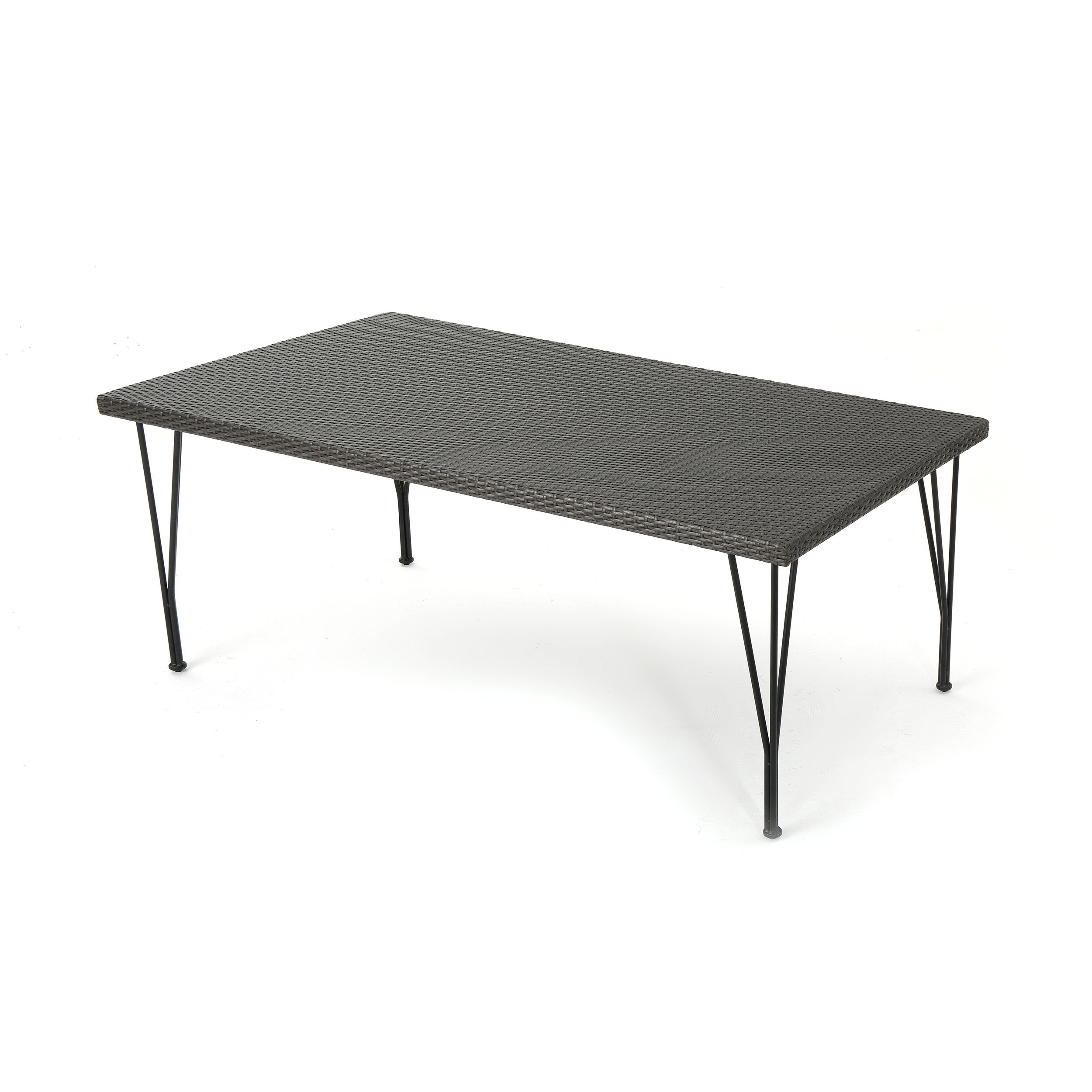 Belmy Outdoor Gray Wicker Rectangular Dining Table with Hair Pin Legs