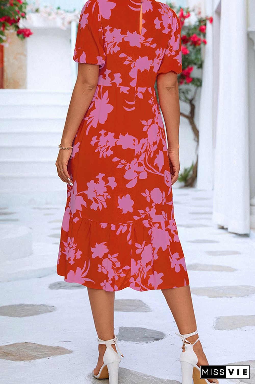 Round Neck Pleated Floral Midi Dress