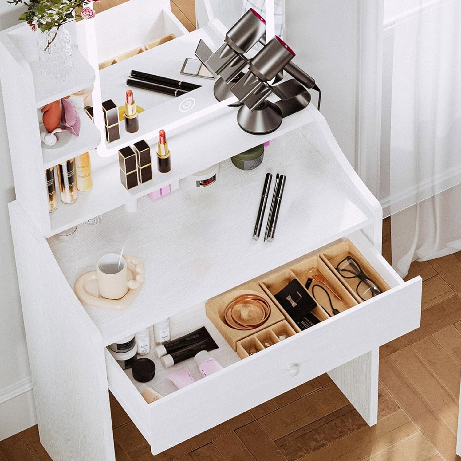 Makeup Vanity Desk with Upholstered Storage Stool Vanity Table Set with 1 Drawer, 3 Shelves, LED Light and USB Port