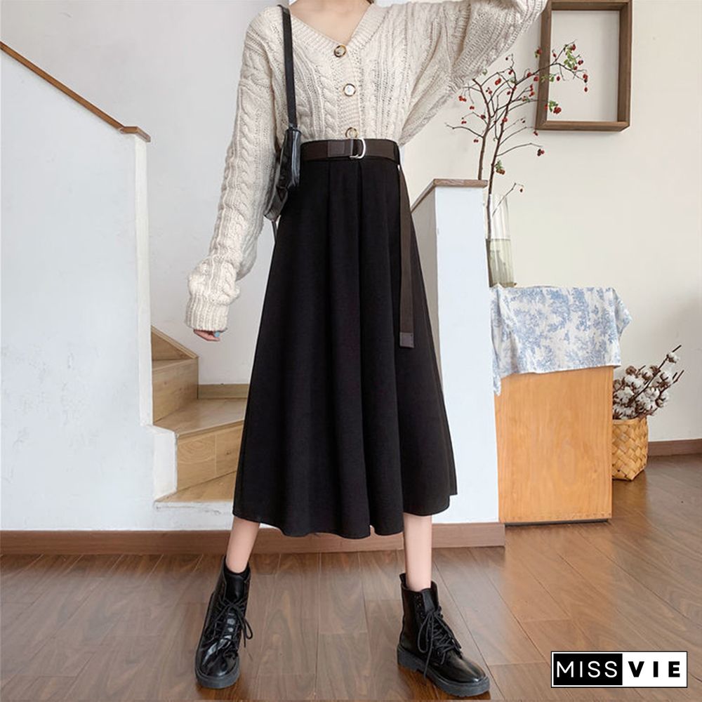 Solid Skirts Women Mid-calf High Waist Friends Korean Style Elegant College Spring Autumn All-match Jupe Mujer Faldas Female Ins