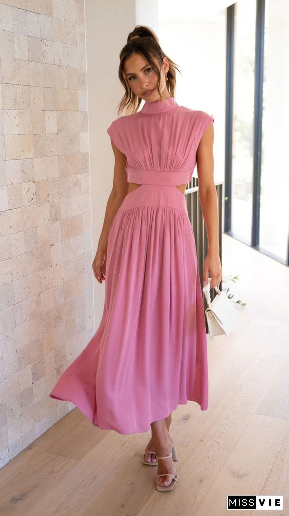 Fashion Stand Collar Macaron Color Open Waist Long Dress