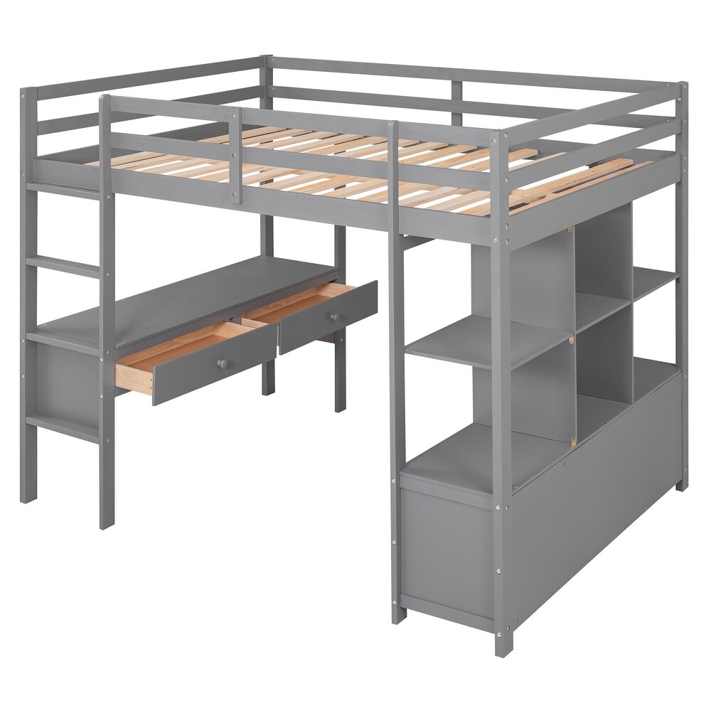 Full Size Loft Bed with Built in Desk with Storage Shelves   Drawers