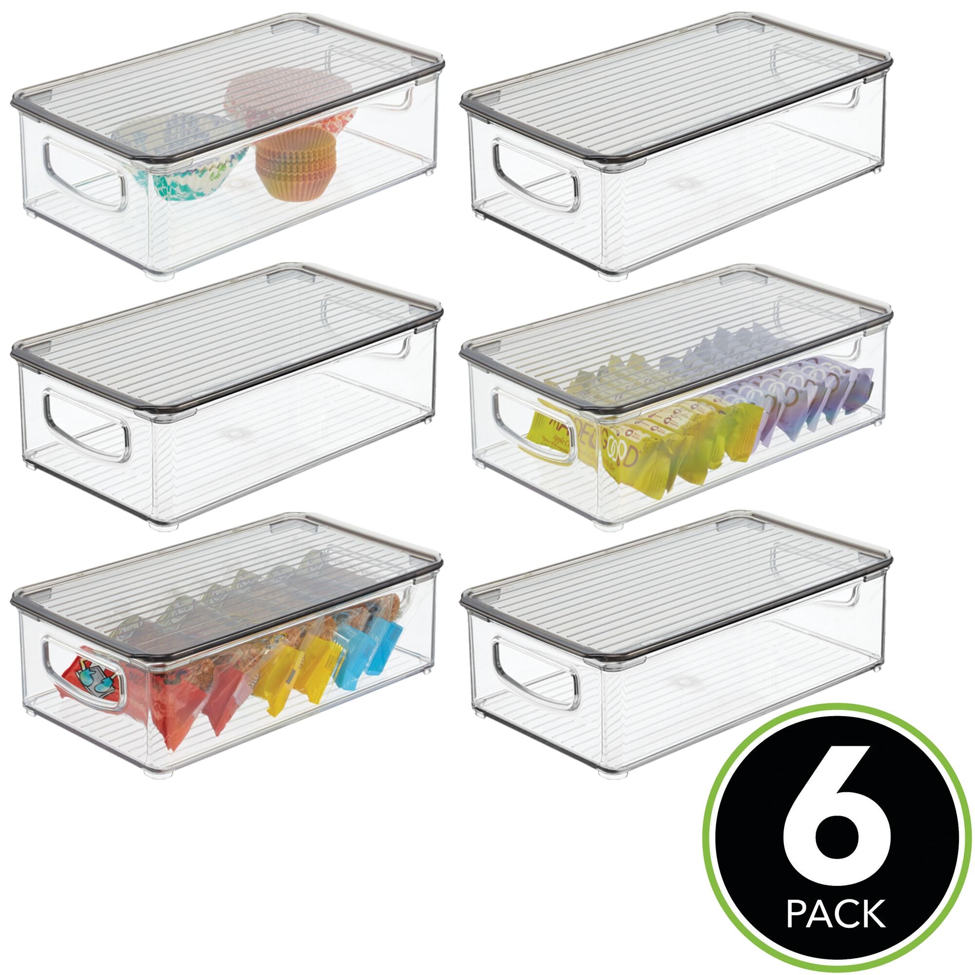 mDesign Plastic Stackable Kitchen & Pantry Storage Box for Cabinet, Refrigerator, Freezer Food Storage with Handles, Lid - Organization for Fruit, Snacks, Pasta - 3" High, 6 Pack - Clear/Smoke Gray