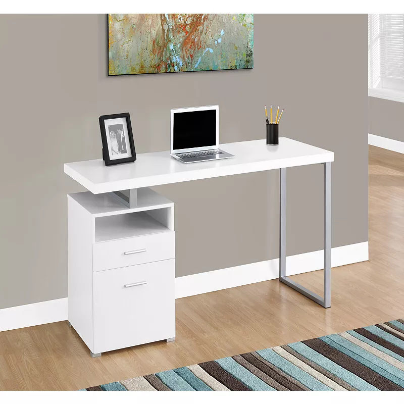 60 White and Silver Rectangular Computer Desk with Storage Drawer