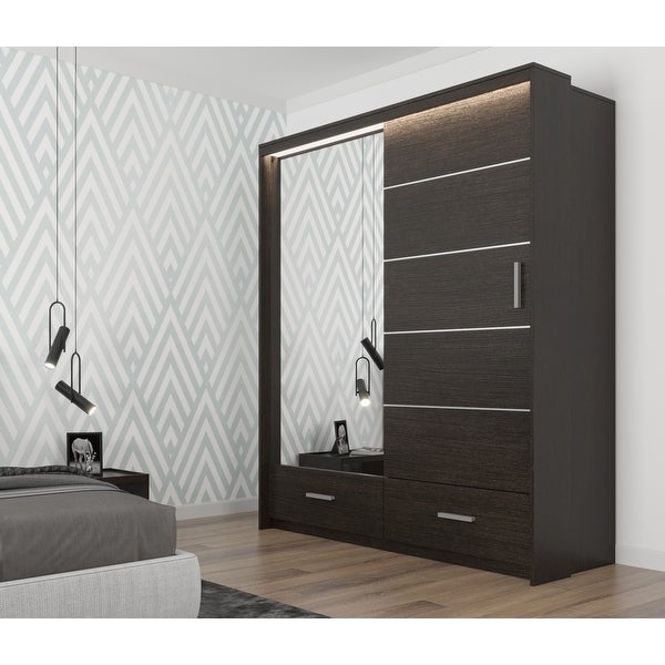 Donovan Modern Wooden Wardrobe - Armoire with Drawers and LED Lighting - - 36254979