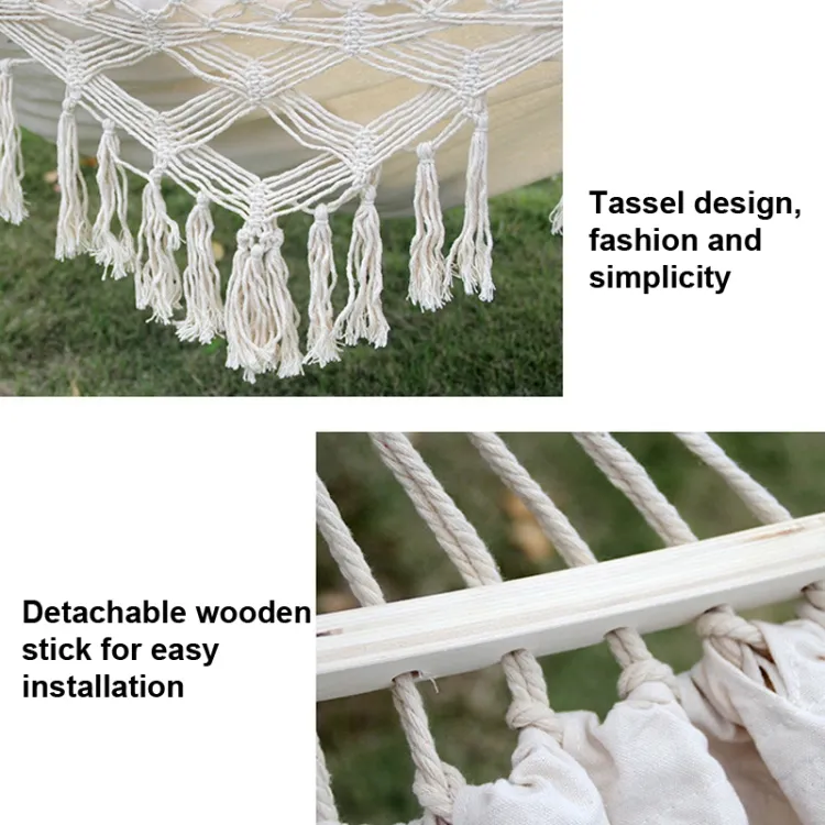 Cheap Wholesale 200x150cm Double Outdoor Camping Tassel Canvas Hammock with Stick(White) With High End Quality