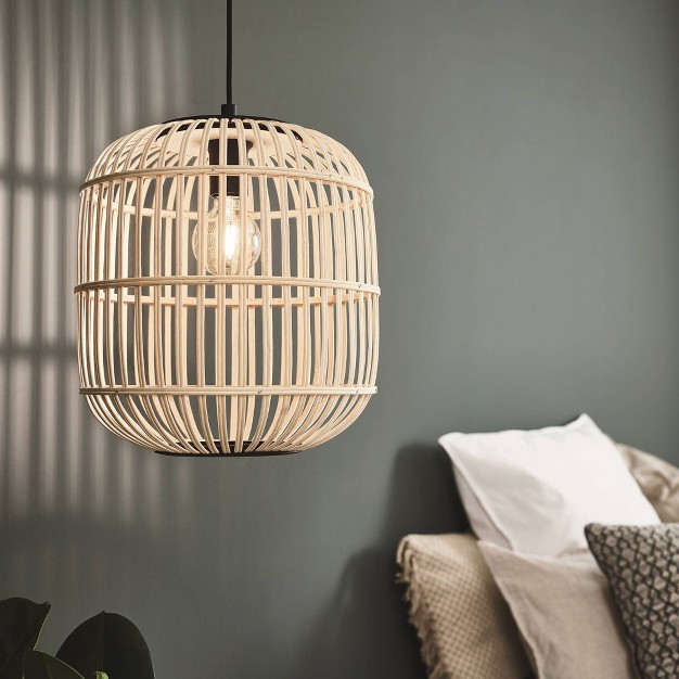 1 light Bordesley Drum Pendant With Wooden Shade Black natural Eglo