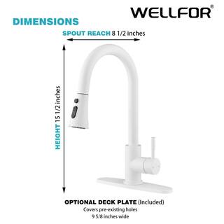 WELLFOR Single Handle Pull Down Sprayer Kitchen Faucet with Deckplate in Matte White WA2806WH