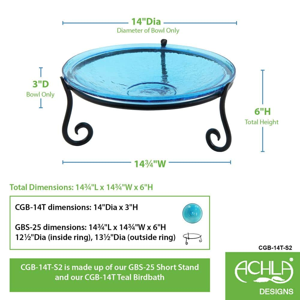 Achla Designs 14 in. Dia Teal Blue Reflective Crackle Glass Birdbath Bowl with Short Stand II CGB-14T-S2