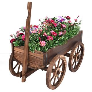 Costway Brown Wood Wagon Flower Outdoor Wood Plant Stand Pot Stand with Wheels OP3045