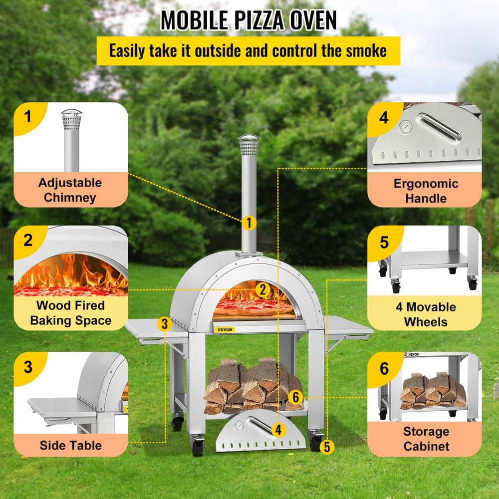 VEVOR Wood Outdoor Pizza Oven 32 in. Stainless Steel Fired Artisan Pizza Oven 3-Layer with Wheels, Silver HWPSKX3253149T6YRV0