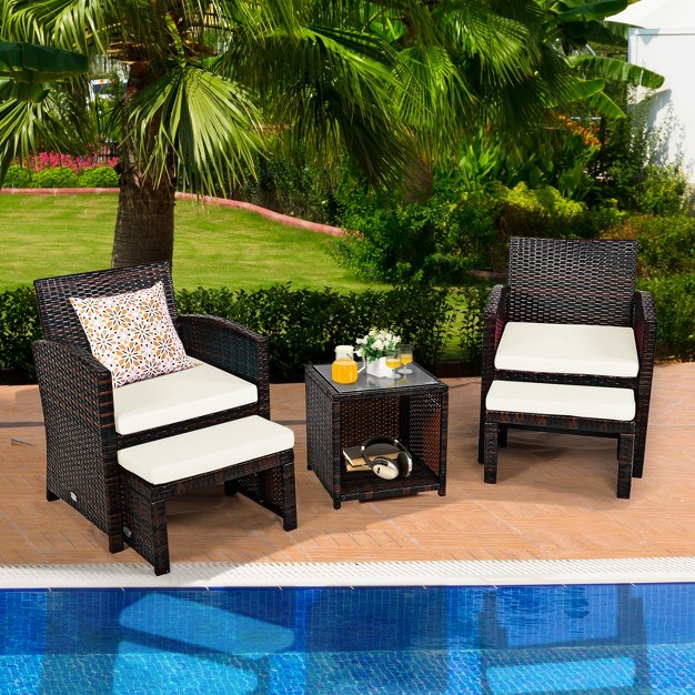 Tangkula 5 Pcs Patio Rattan Wicker Furniture Set Chair Coffee Table Kit W soft Cushion Ottoman Gray turquoise white red