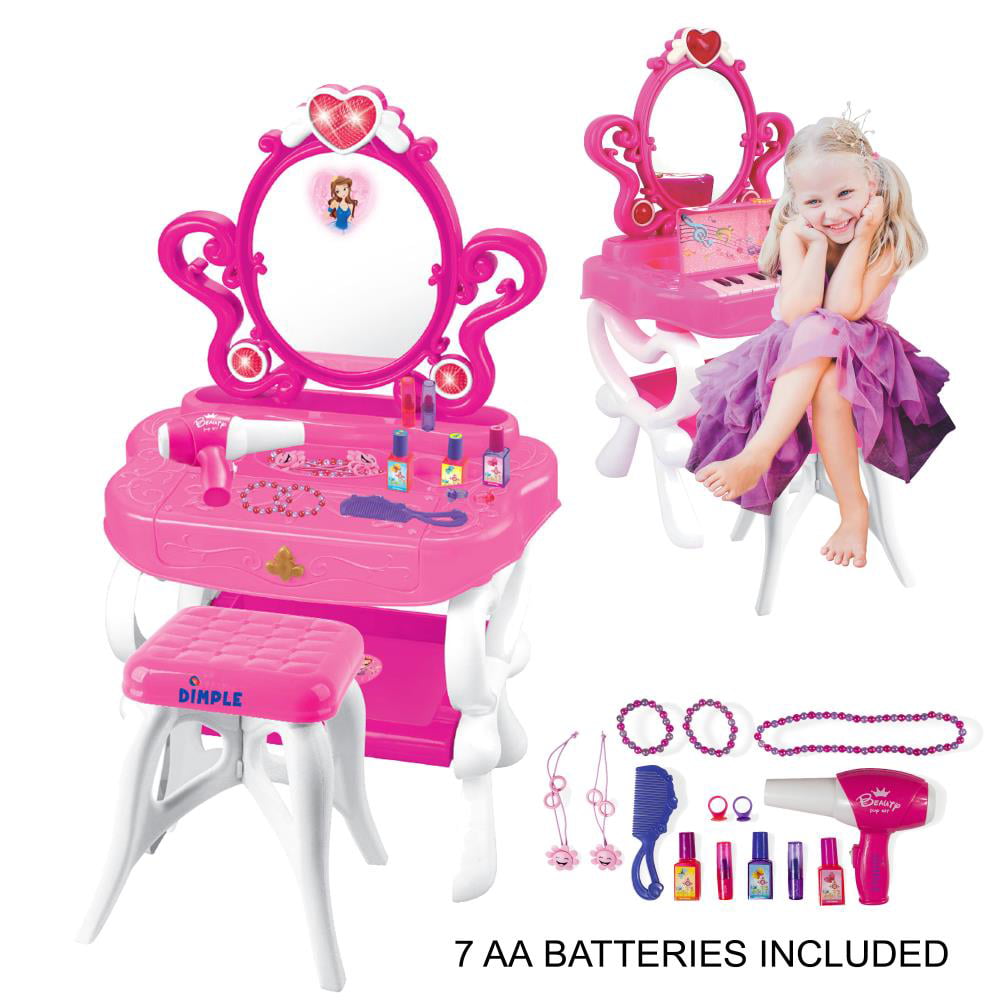 Dimple 2-in-1 Princess Pretend Play Vanity Set Table with Working Piano Beauty Set for Girls with Toy Makeup Cosmetics Accessories， Hair Dryer， Keyboard， Flashing Lights and more