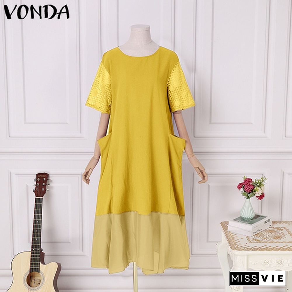 Women Short Sleeve O Neck Solid Color Patchwork Midi Dress Casual Loose T Shirt Dresses Vestidos Plus Size