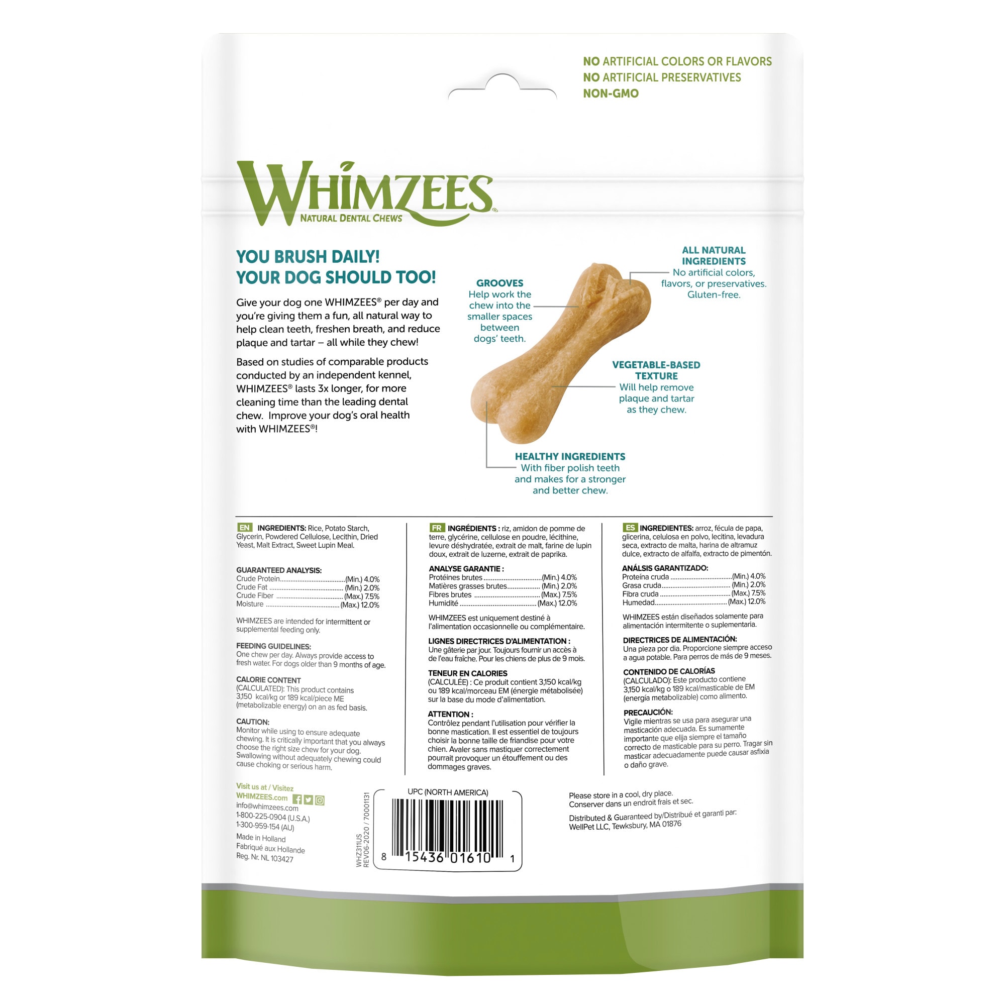 Whimzees Natural Daily Dental Long Lasting Ricebone Medium Dog Treats， 19 oz.