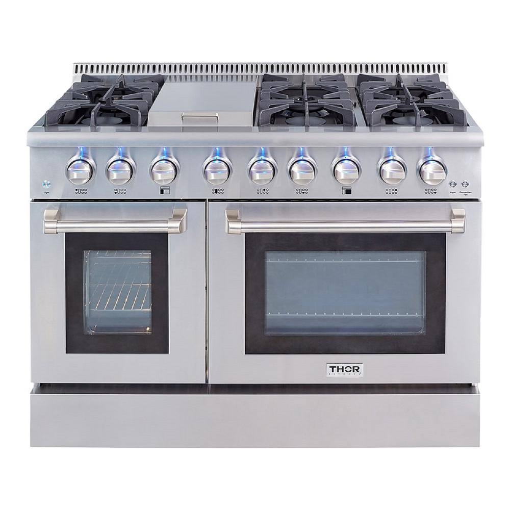 Thor Kitchen Pre-Converted Propane 48 in. 6.7 cu. ft. Double Oven Gas Fuel Range with Convection Oven in Stainless Steel HRG4808ULP