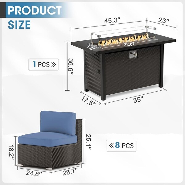 9Piece Outdoor Patio Furniture Sectional Sofa Set with Fire Pit Table