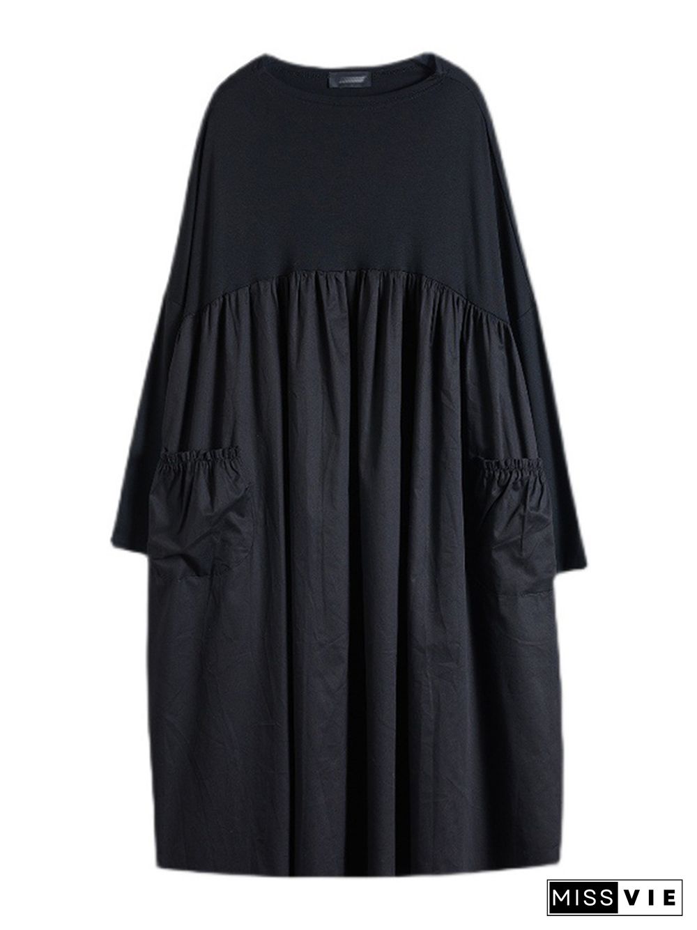 Simple Loose Black Split-Joint Long Sleeves Midi Dress