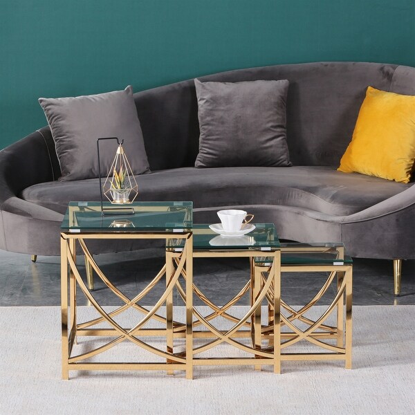 3 Pieces Gold Square Nesting Glass End Tables