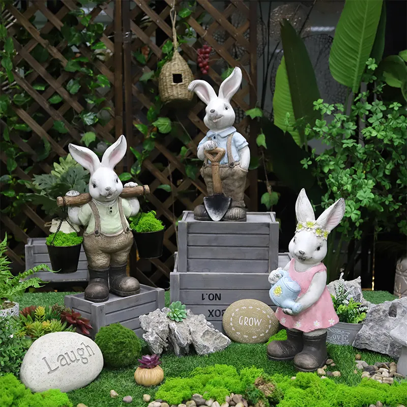 Redeco New Arrival Rabbit Garden Ornament Crafts LED Solar Rabbit Gnome Magnesium Oxide Garden Decor