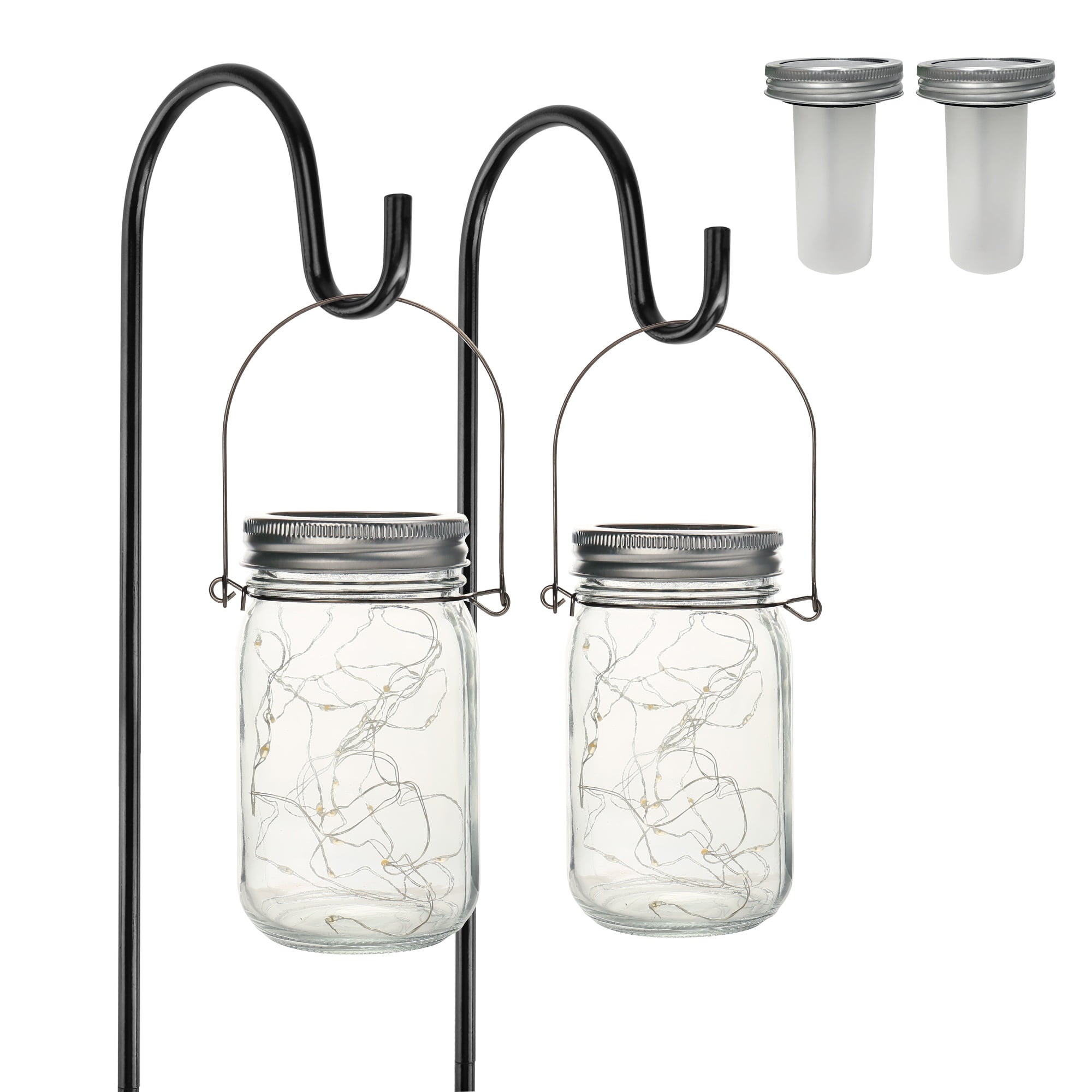 4Pcs Solar Mason Jar Lid Lights+2x Shepherd Hooks-Hanging Lanterns+2x Mason Jars， Perfect Patio Garden Wedding Pathway Outdoor LED Lights， No Wiring Required (2-Pack)