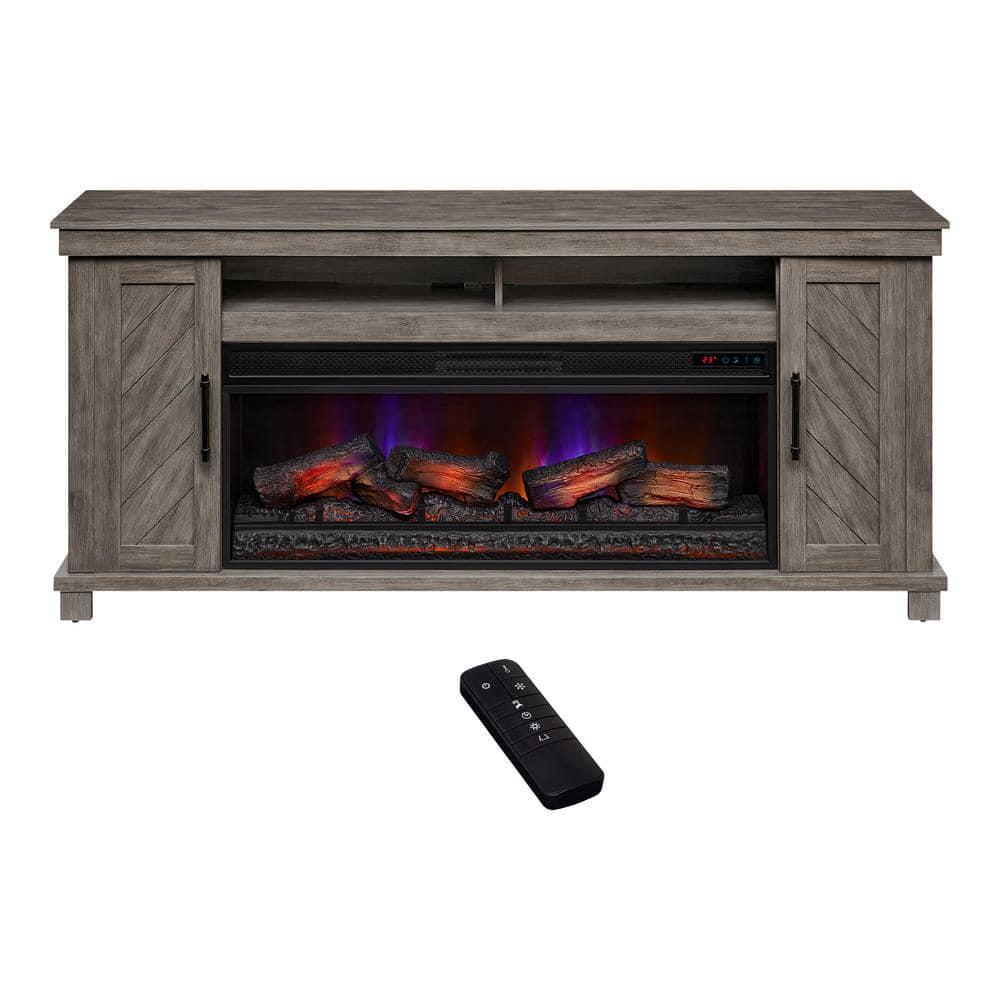 StyleWell Challis 68 in W Freestanding Media Mantel Electric Fireplace TV Stand in Weathered Gray