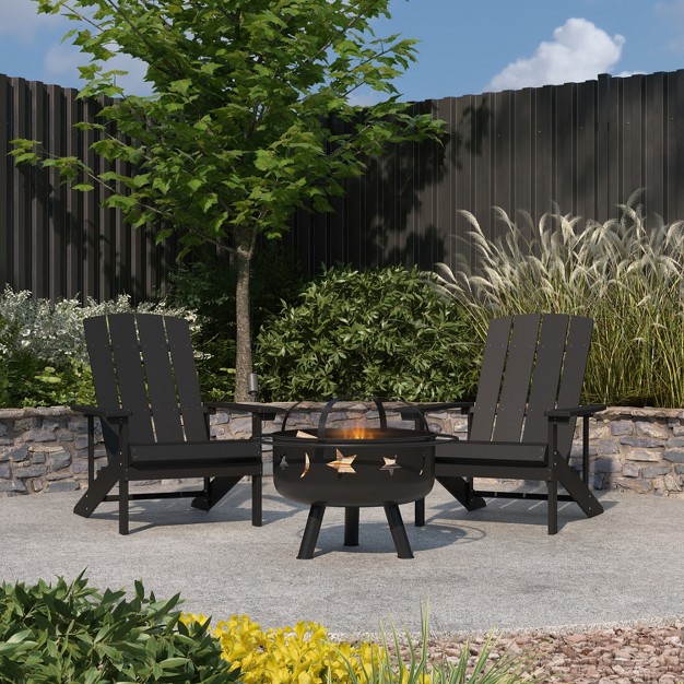 Merrick Lane Ayala 3 Piece Outdoor Leisure Set With Set Of 2 Poly Resin Adirondack Chairs And Star And Moon Iron Fire Pit