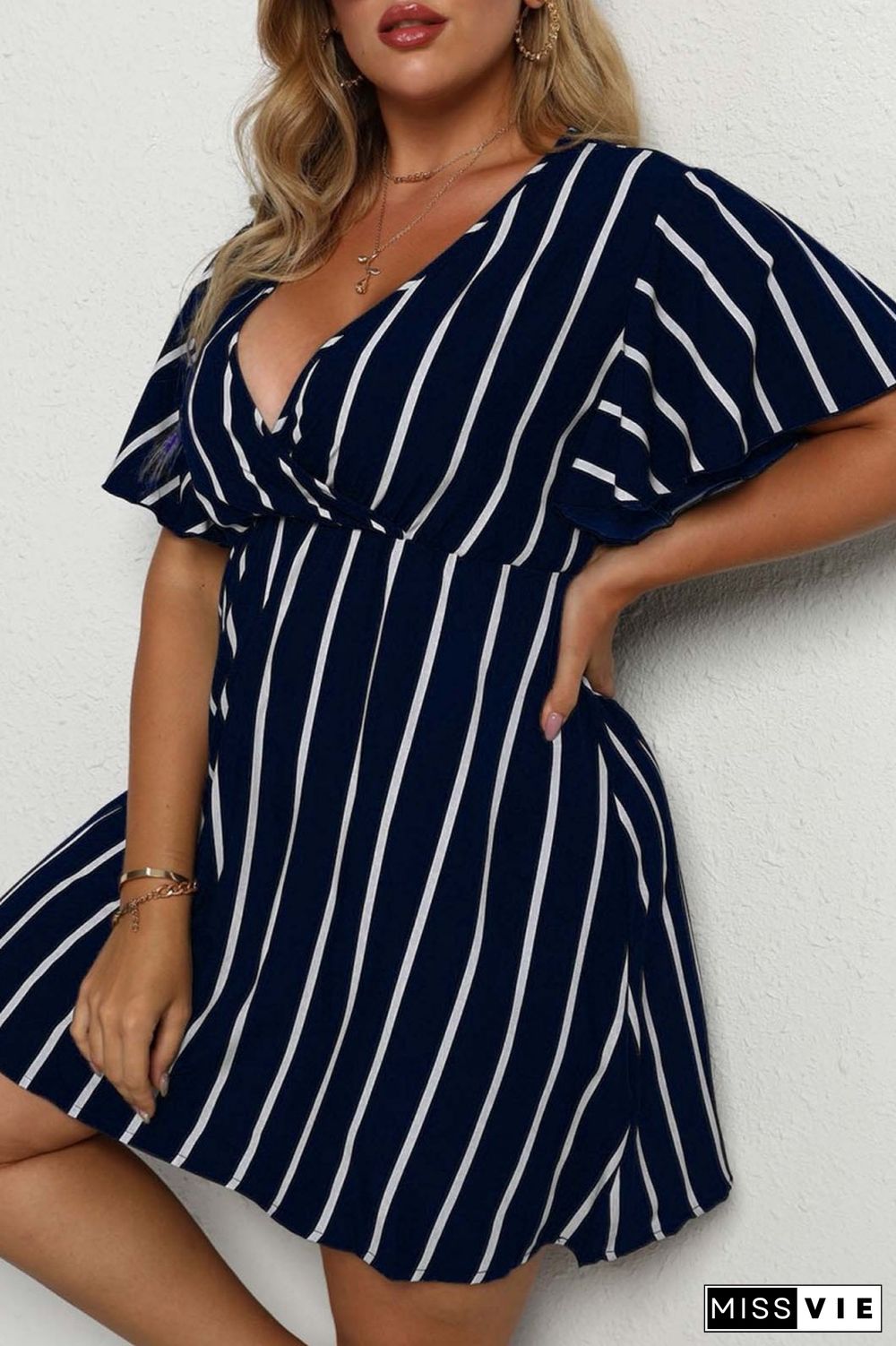 Black Casual Striped Print Patchwork V Neck Short Sleeve Dress Plus Size Dresses