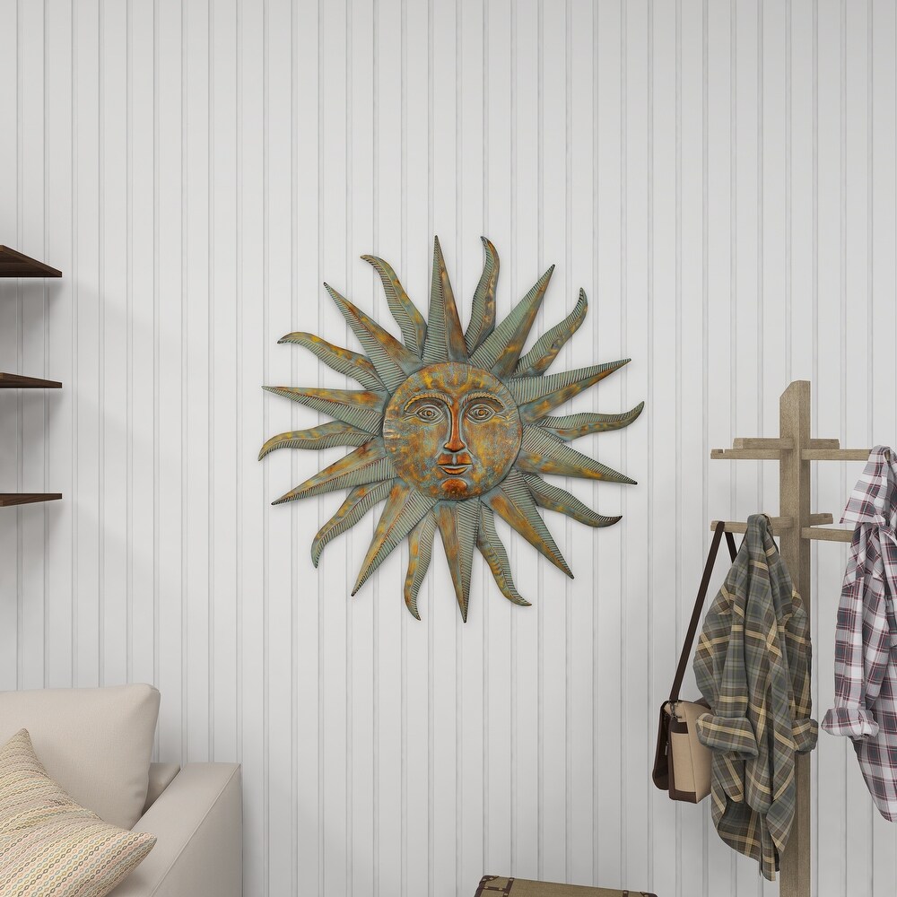 Gold Metal Indoor Outdoor Distressed Sunburst Wall Decor with Copper Like Accents and Grooves   35 x 1 x 35Round