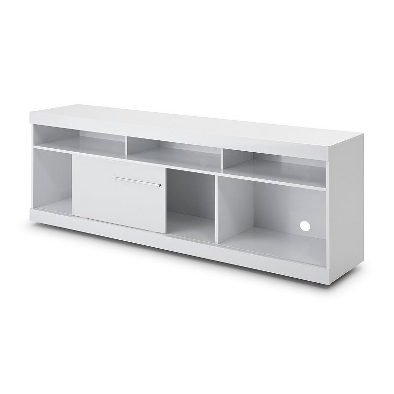 Hud 71 Inch Modern TV Console Media Entertainment Center， 5 Open Compartments， 1 Sliding Door， White